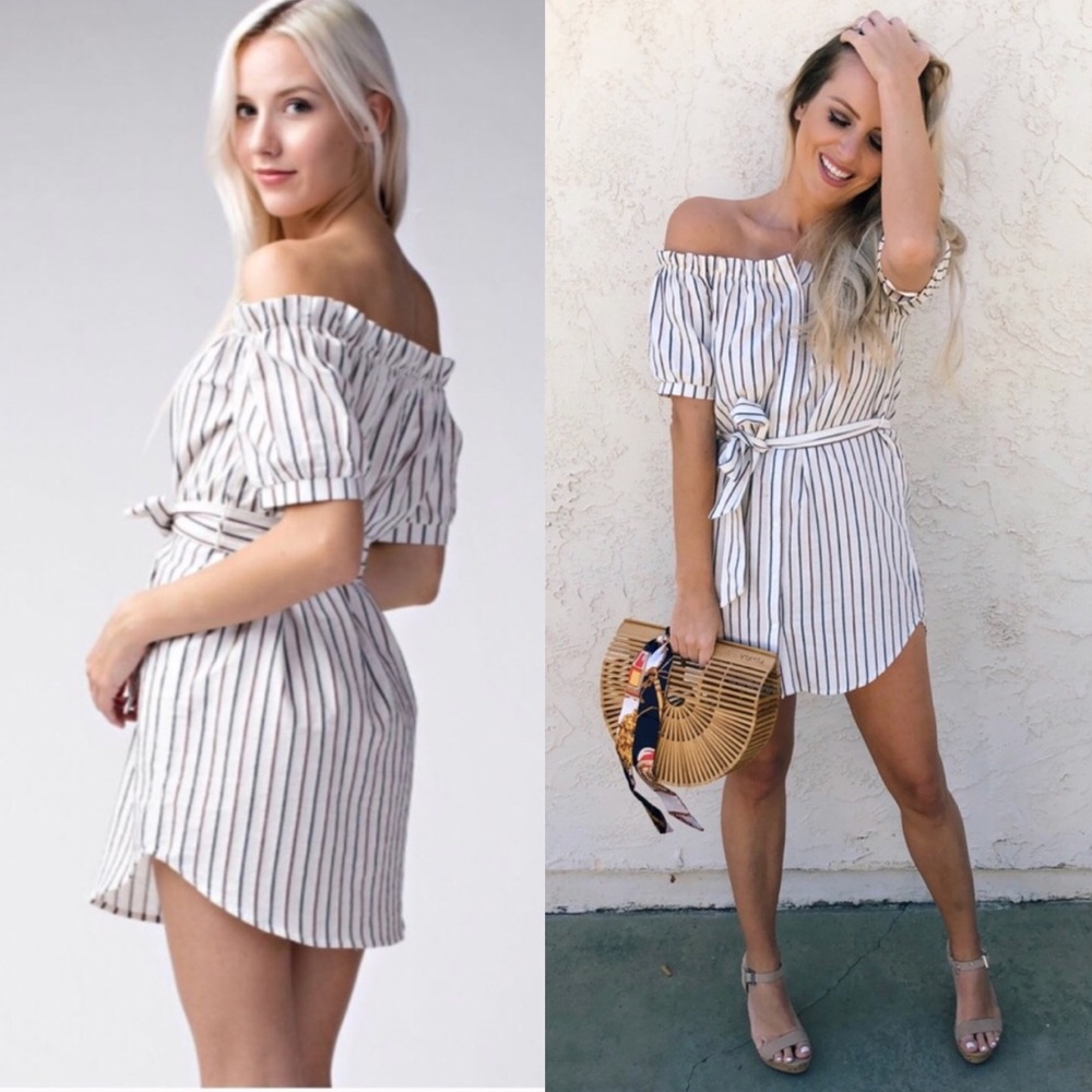 Honey Punch Stripe Off Shoulder Dress - Picture 1 of 8